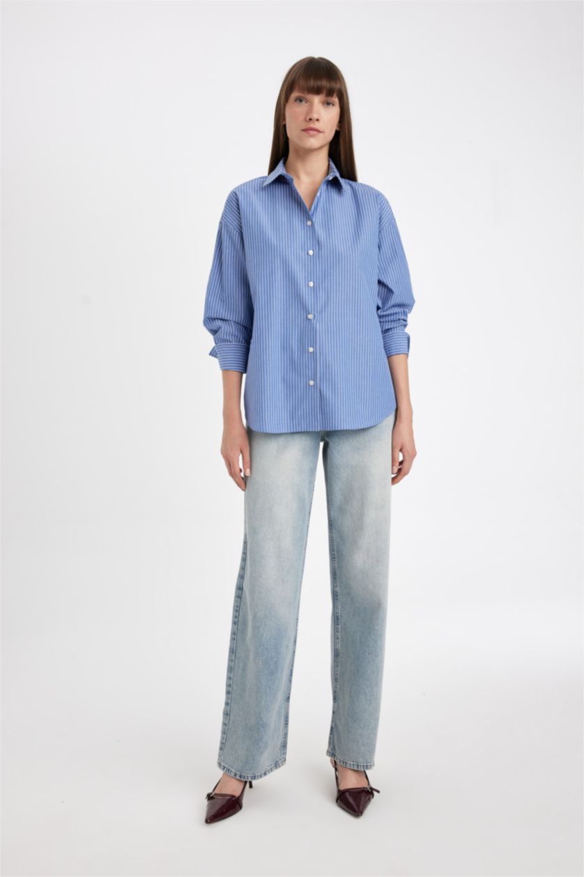 Kadın Mavi Oversize Geniş Kalıp Çizgili Poplin Uzun Kollu Gömlek