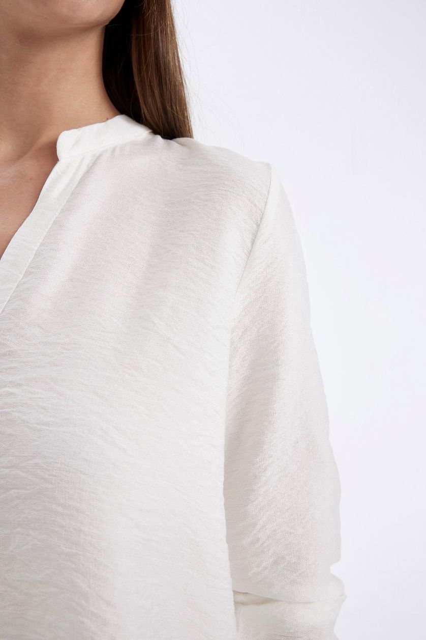 نساء اوف وايت قميص ابيض سامبل كم طويل قصة عادية برقبة مستديرة