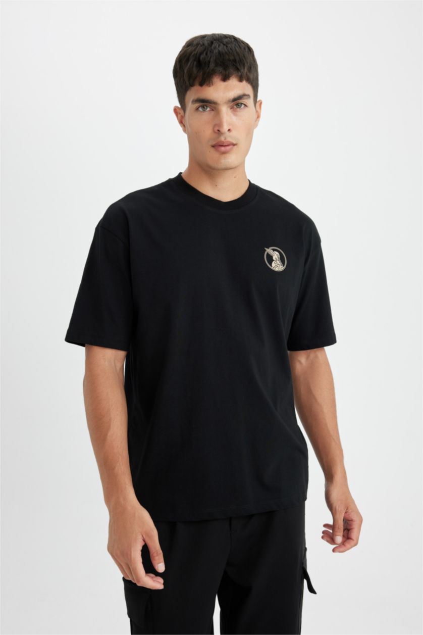 Erkek Siyah %100 Pamuk Oversize Geniş Kalıp Bisiklet Yaka Sırt Baskılı Kısa Kollu Tişört