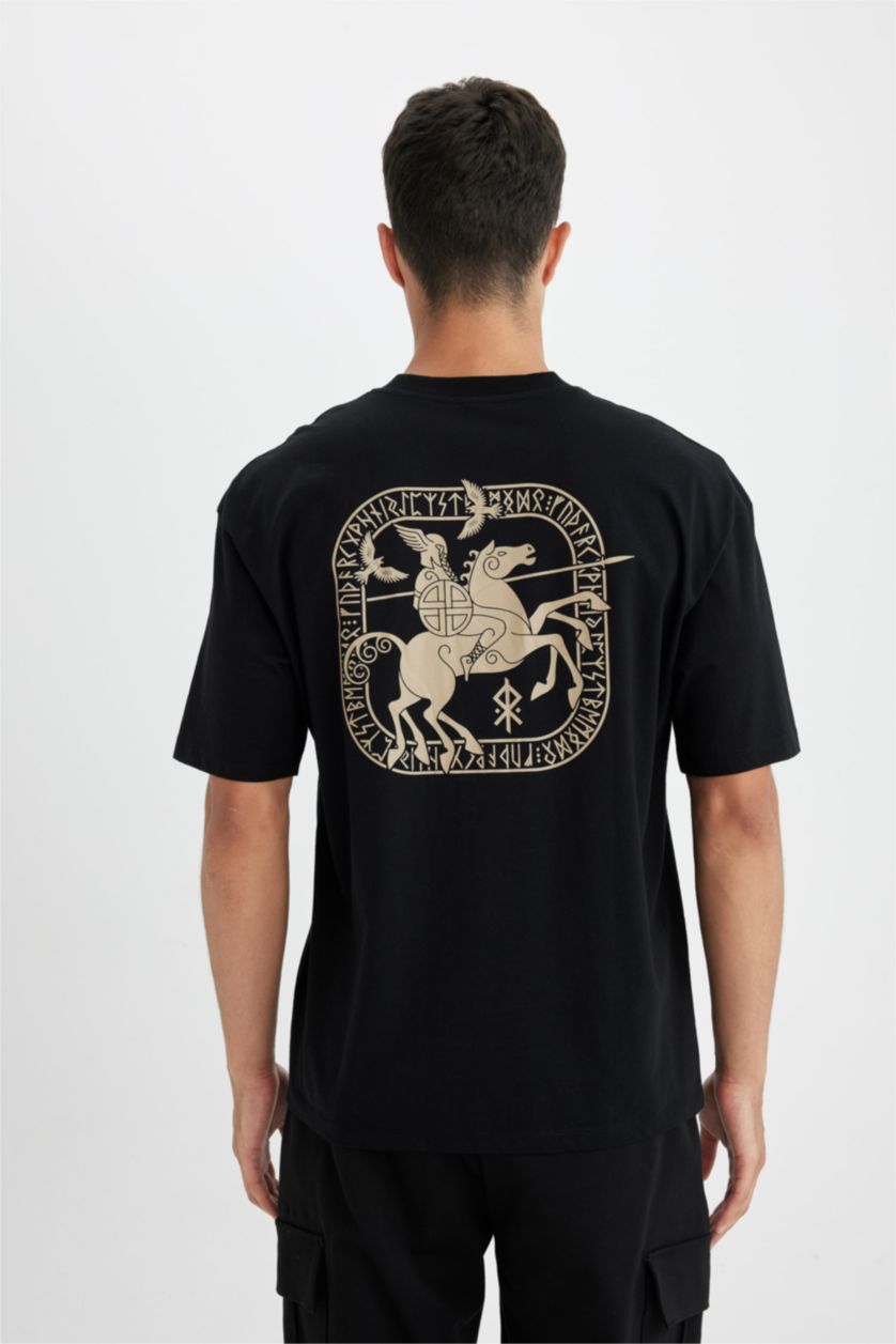 Erkek Siyah %100 Pamuk Oversize Geniş Kalıp Bisiklet Yaka Sırt Baskılı Kısa Kollu Tişört