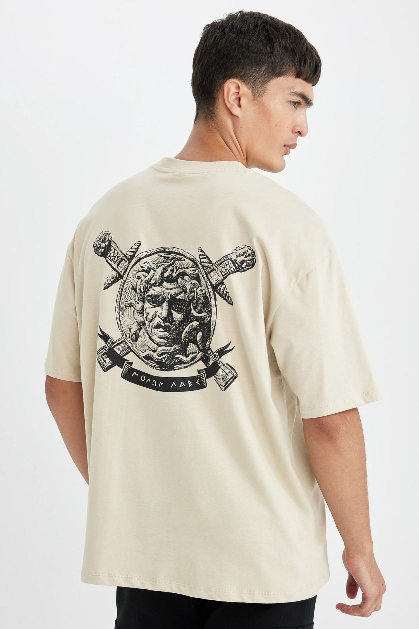 Erkek Taş %100 Pamuk Oversize Geniş Kalıp Bisiklet Yaka Sırt Baskılı Kısa Kollu Tişört