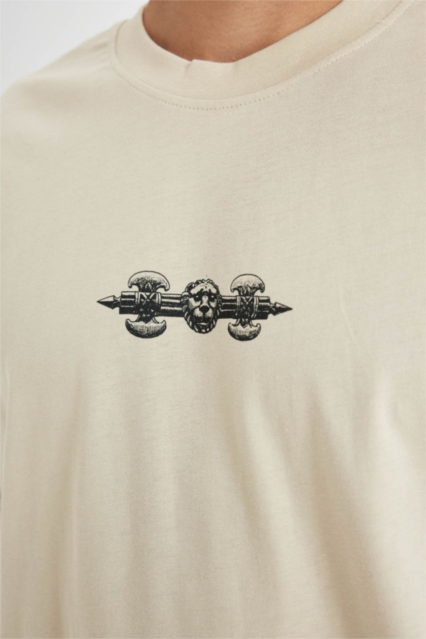 Erkek Taş %100 Pamuk Oversize Geniş Kalıp Bisiklet Yaka Sırt Baskılı Kısa Kollu Tişört