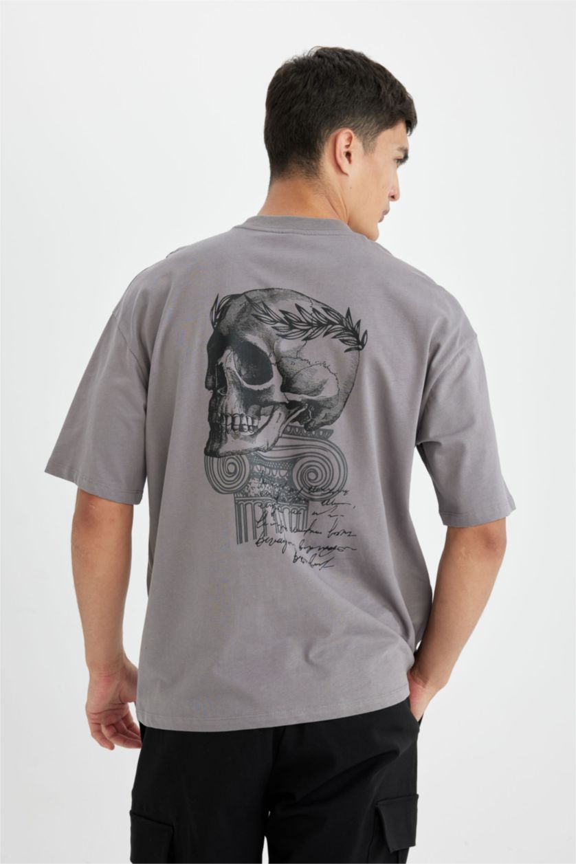 Man Dark Grey Oversize Fit Crew Neck Back Printed T-Shirt