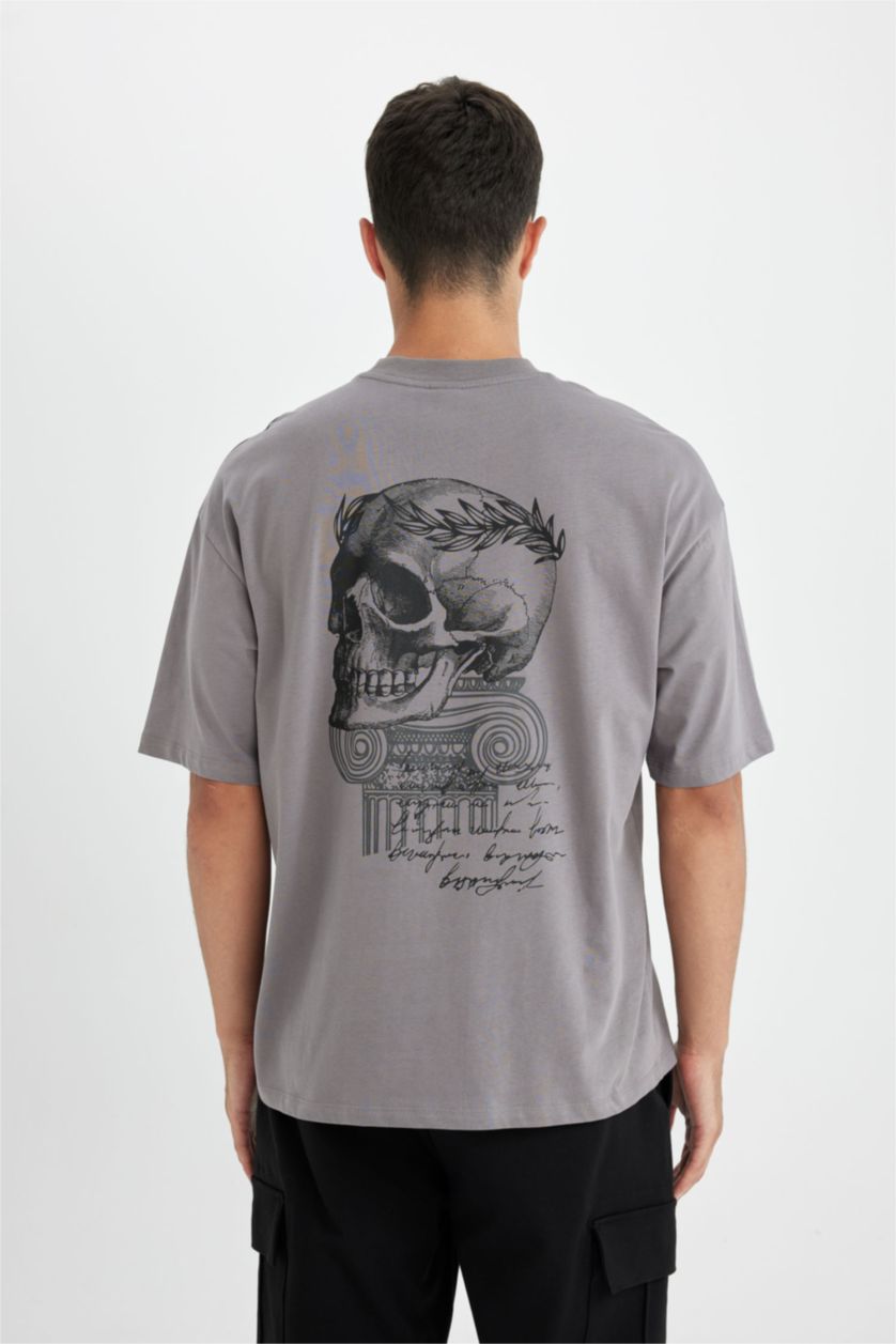 Man Dark Grey Oversize Fit Crew Neck Back Printed T-Shirt