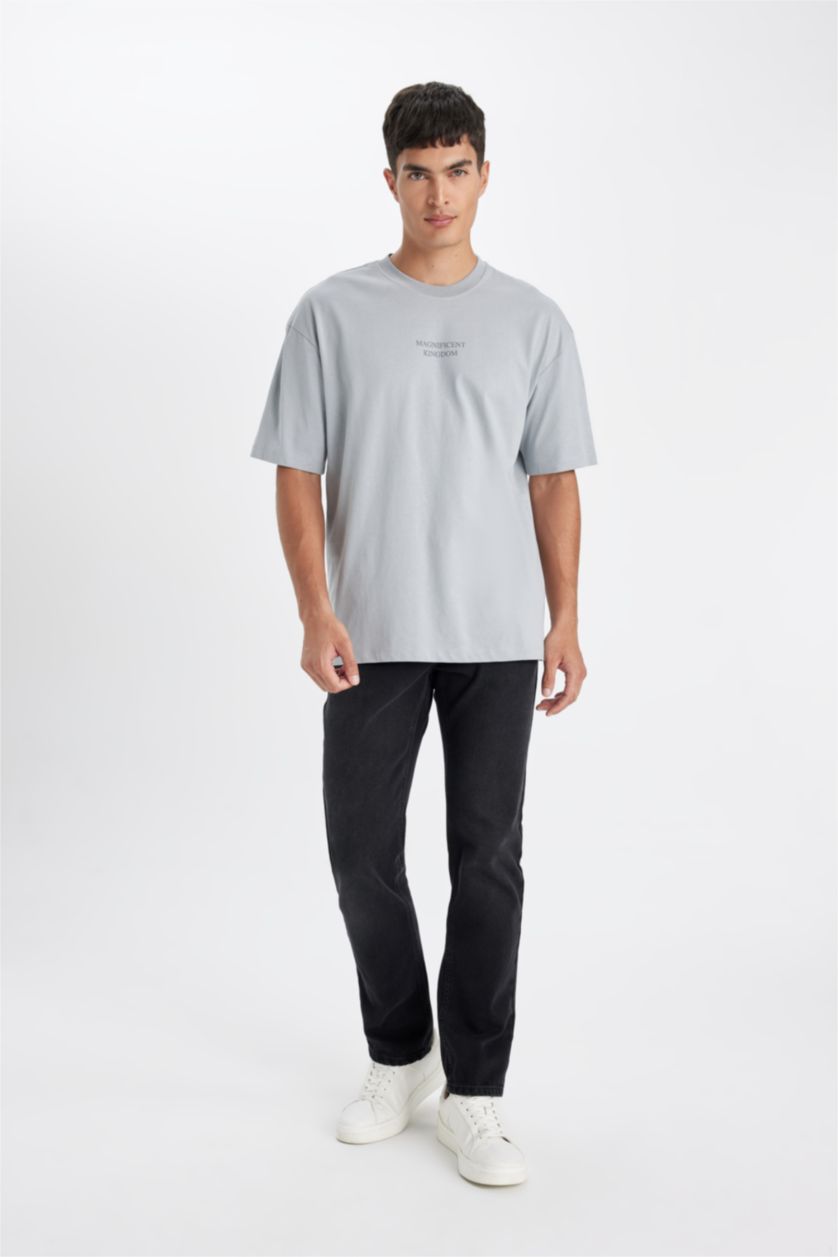 رجال رمادي تيشيرت نص ردن اوفر سايز بطبعة من الخلف