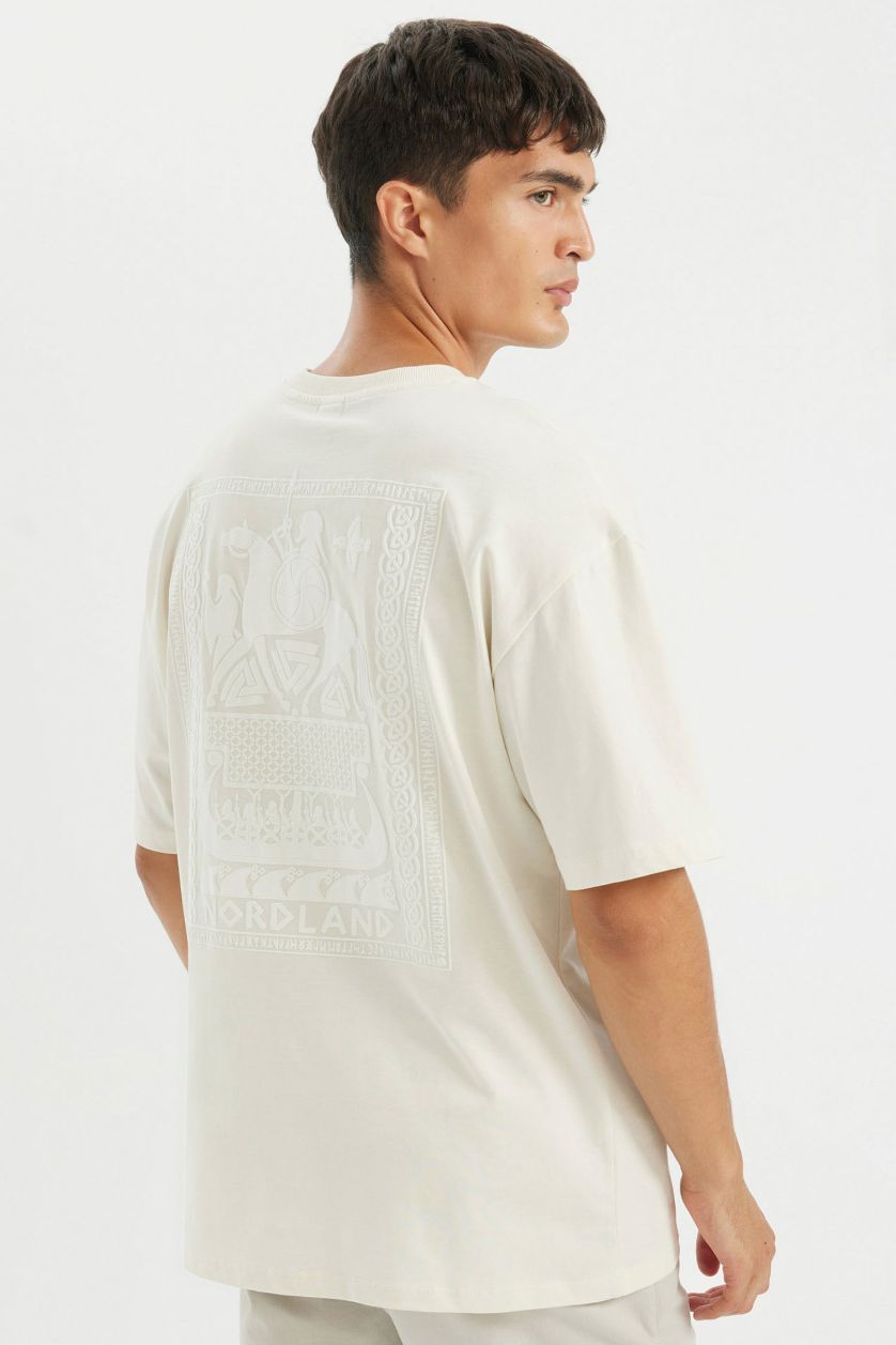 Man Ecru Oversize Fit Crew Neck Back Printed T-Shirt