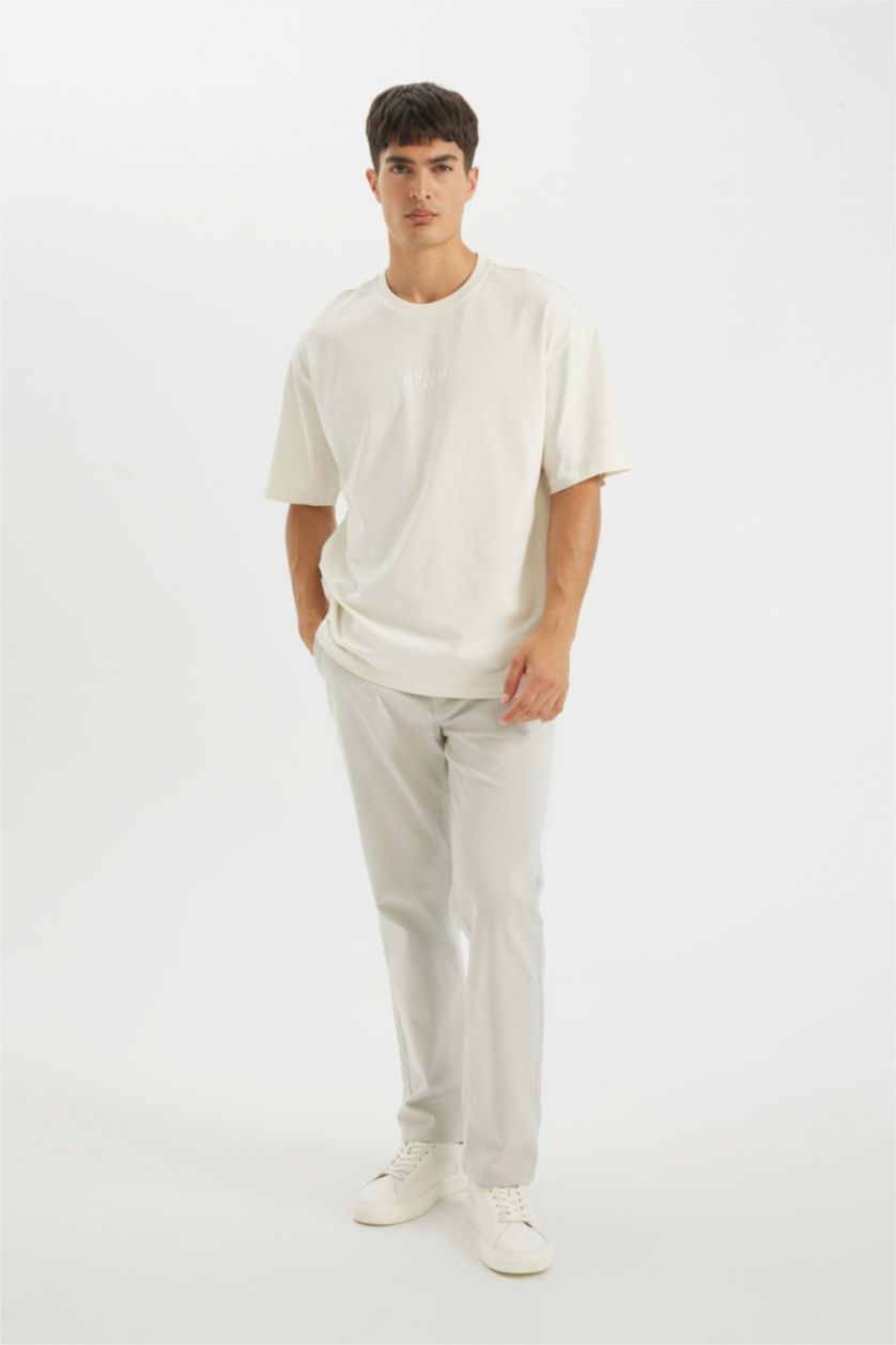 Man Ecru Oversize Fit Crew Neck Back Printed T-Shirt