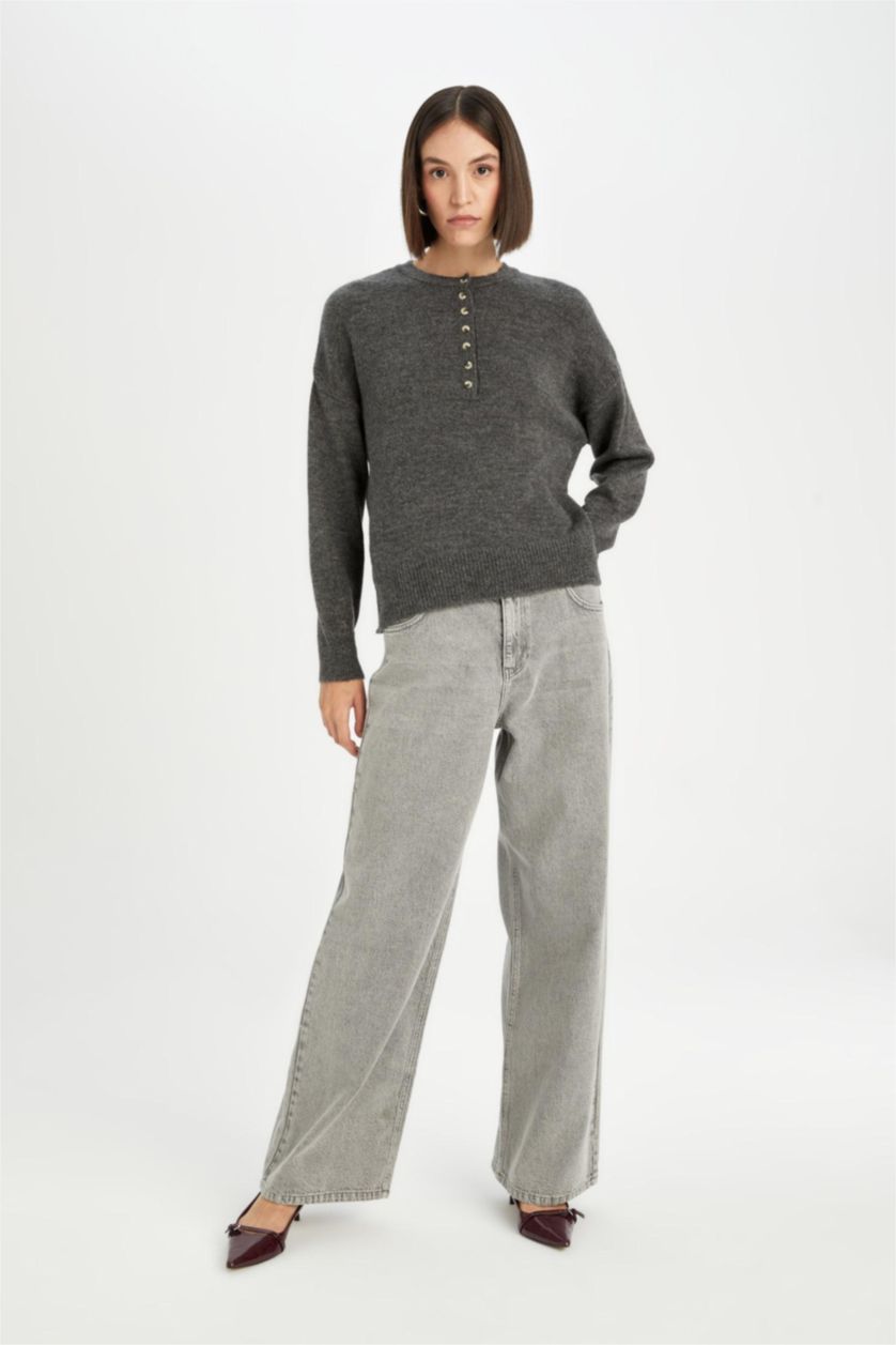 Kadın Antrasit Oversize Geniş Kalıp Düğmeli Yaka Triko Kazak