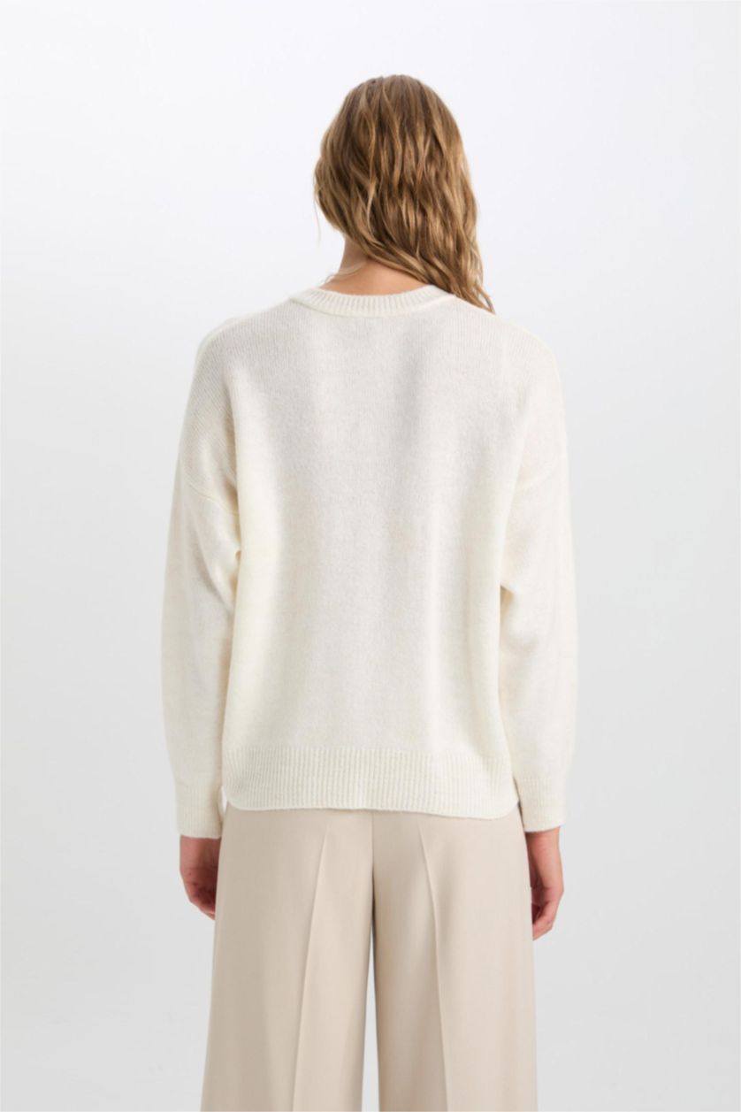 Kadın Bej Oversize Geniş Kalıp Düğmeli Yaka Triko Kazak