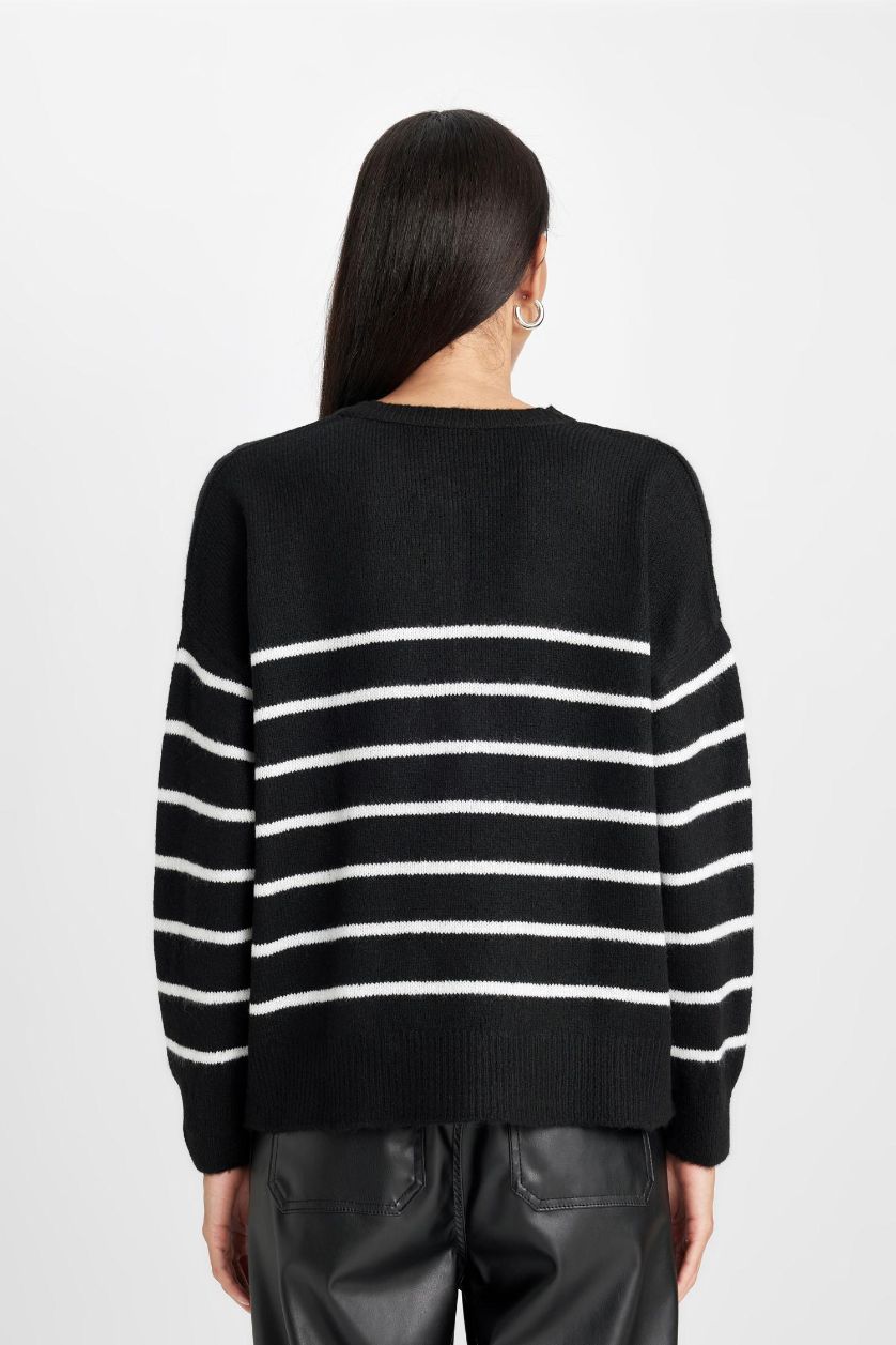 Kadın Siyah Oversize Geniş Kalıp Düğmeli Yaka Triko Kazak