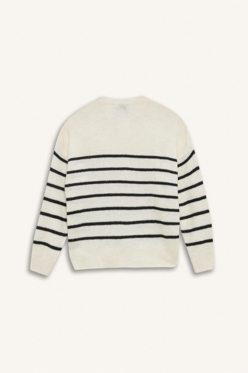 Kadın Ekru Oversize Geniş Kalıp Düğmeli Yaka Çizgili Triko Kazak