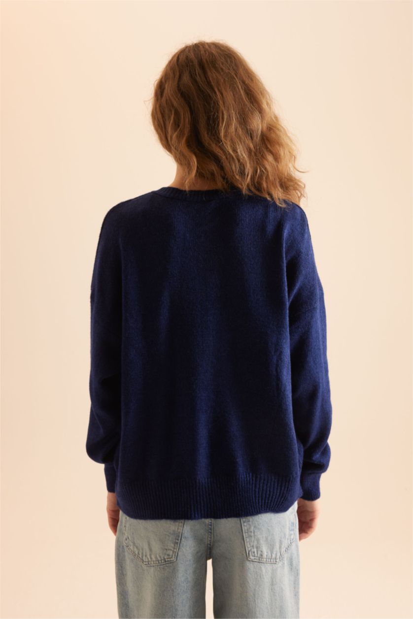 Kadın Lacivert Oversize Geniş Kalıp Düğmeli Yaka Triko Kazak