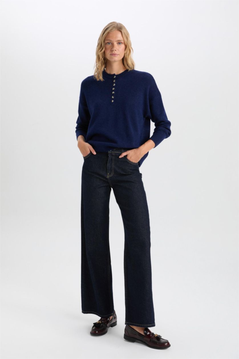 Kadın Lacivert Oversize Geniş Kalıp Düğmeli Yaka Triko Kazak