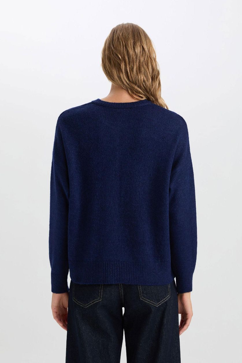 Kadın Lacivert Oversize Geniş Kalıp Düğmeli Yaka Triko Kazak