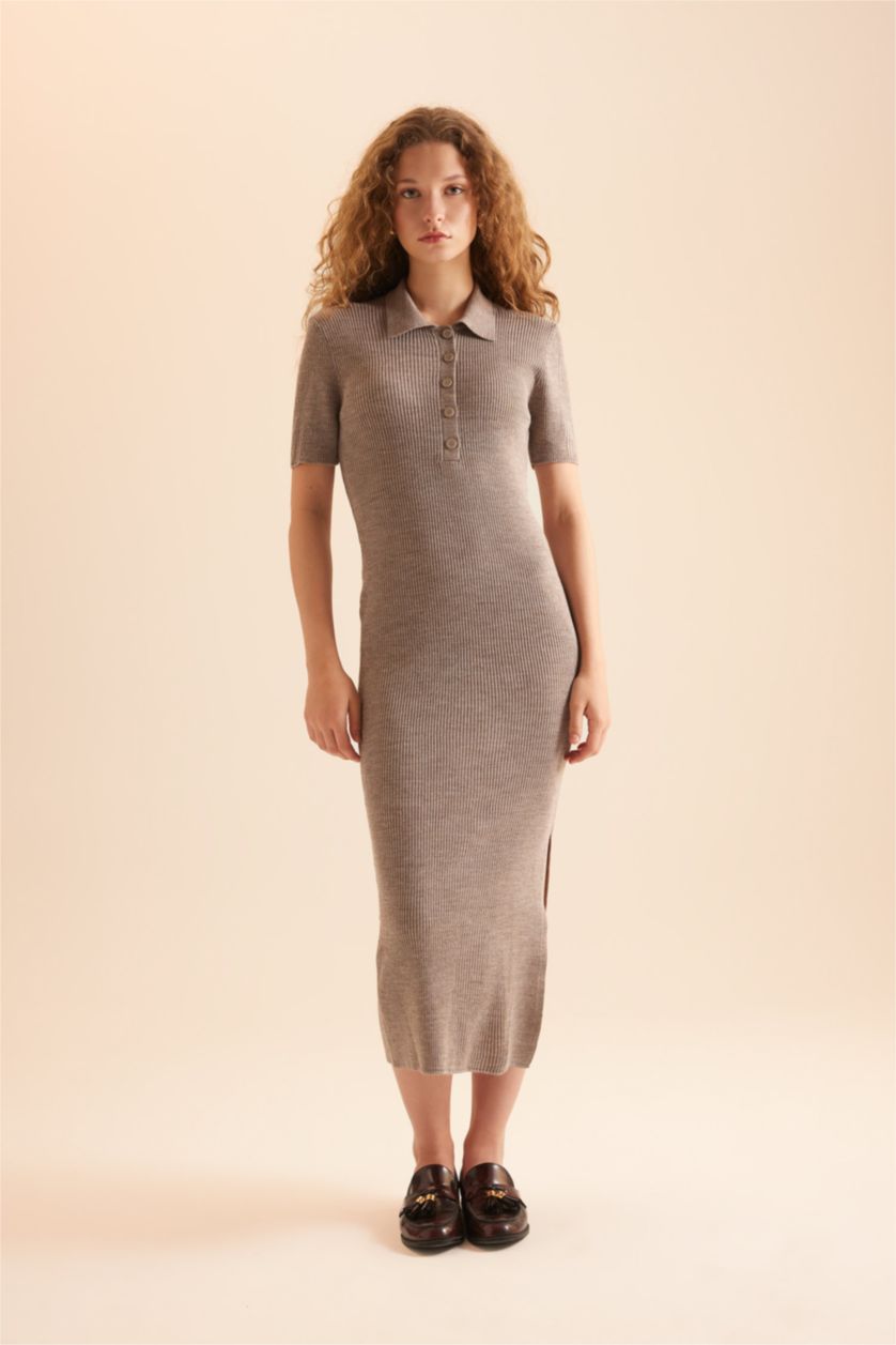 Kadın Vizon Fitted Polo Yaka Kısa Kollu Yırtmaçlı Midi Triko Elbise