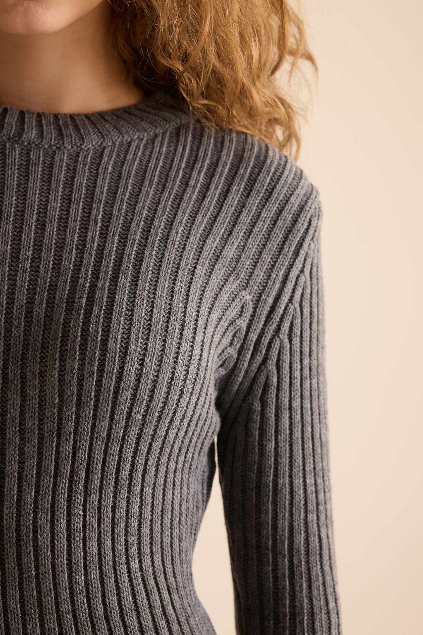 Kadın Antrasit A Kesim Bisiklet Yaka Uzun Kollu Mini Triko Elbise