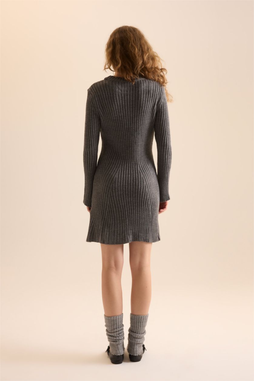 Kadın Antrasit A Kesim Bisiklet Yaka Uzun Kollu Mini Triko Elbise