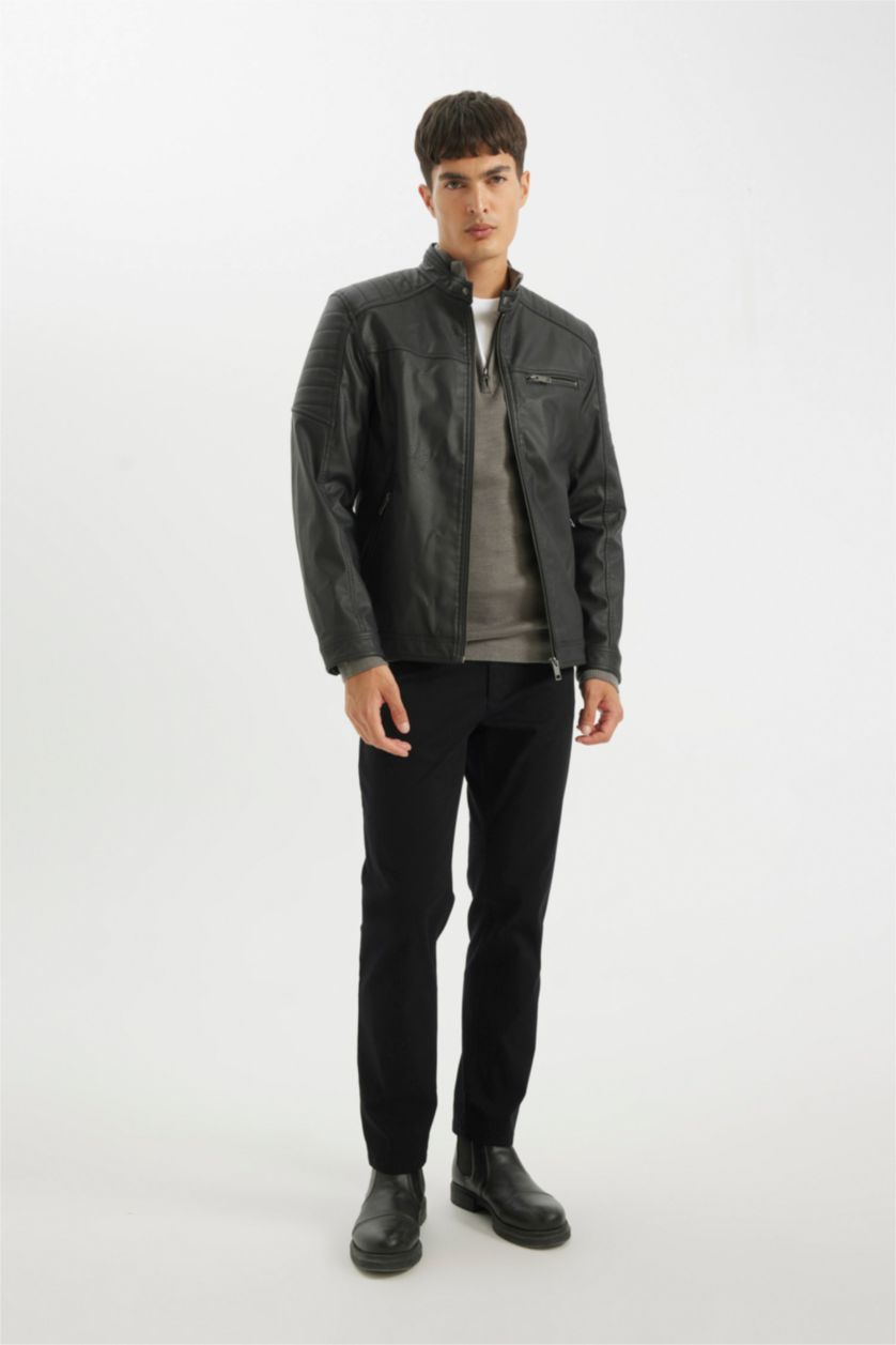 رجال أسود جاكيت خفيف جلد صناعي سليم فيت بياخة عالية