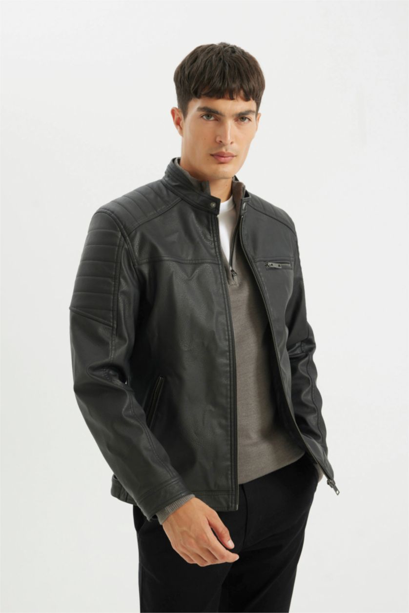 رجال أسود جاكيت خفيف جلد صناعي سليم فيت بياخة عالية