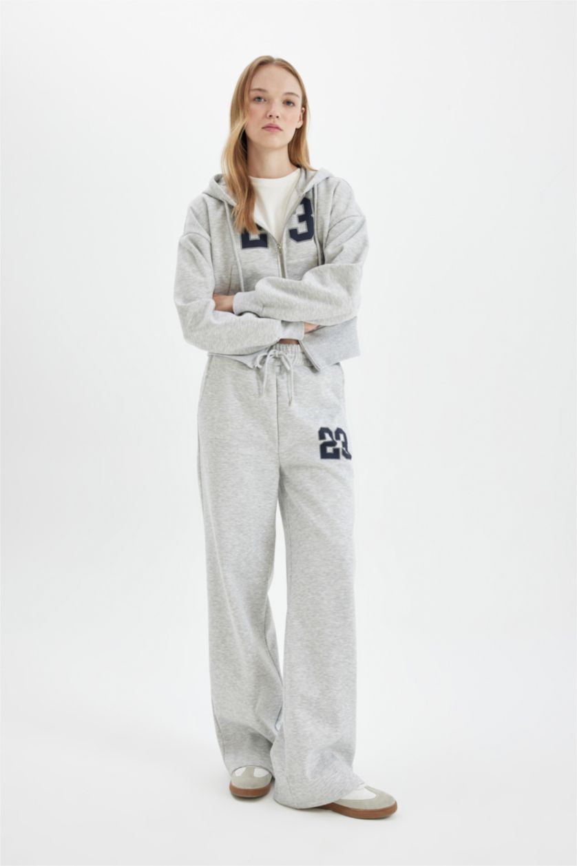 Kadın Gri Melanj Oversize Geniş Kalıp Kapüşonlu Sırt Baskılı Cepli Kalın Fermuarlı Sweatshirt