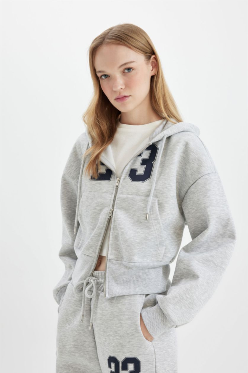 Kadın Gri Melanj Oversize Geniş Kalıp Kapüşonlu Sırt Baskılı Cepli Kalın Fermuarlı Sweatshirt