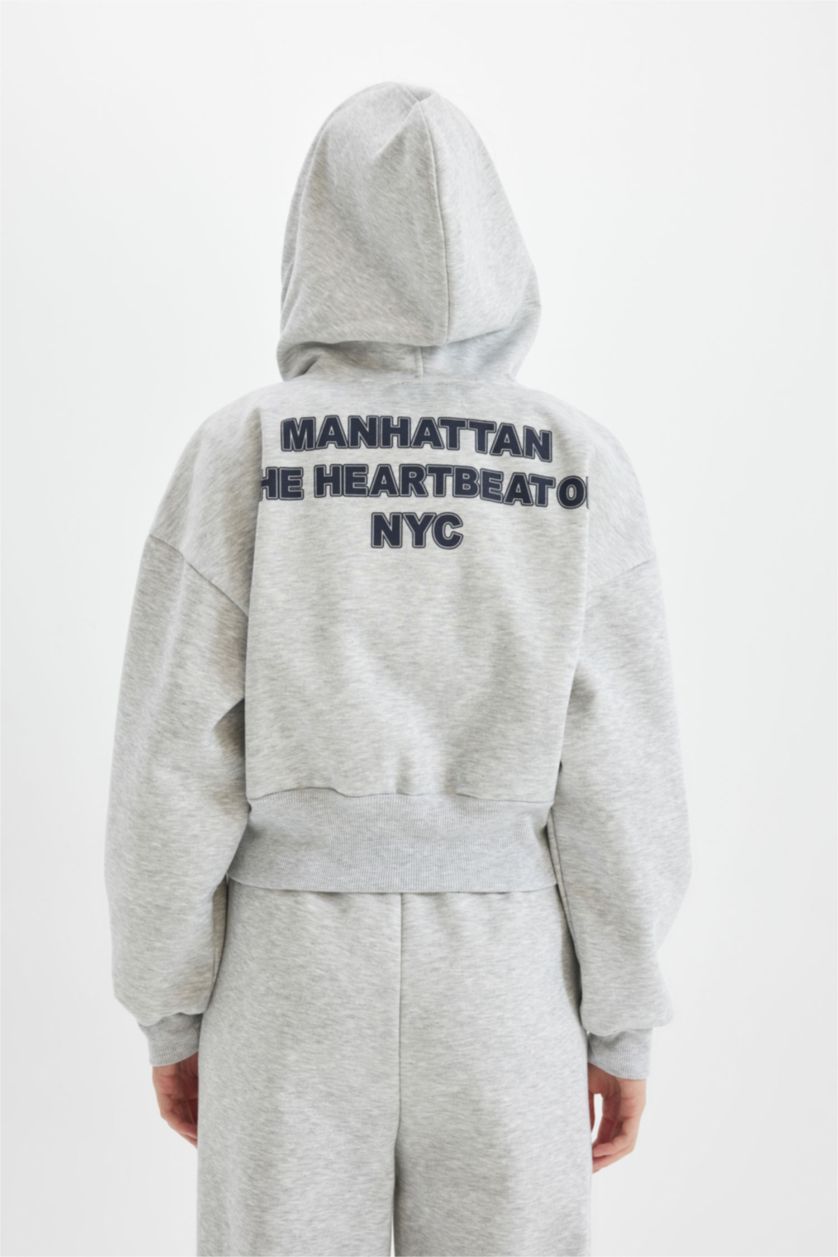 Kadın Gri Melanj Oversize Geniş Kalıp Kapüşonlu Sırt Baskılı Cepli Kalın Fermuarlı Sweatshirt