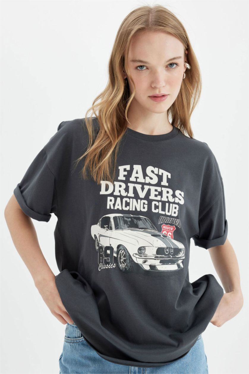 Kadın Antrasit Oversize Geniş Kalıp Bisiklet Yaka Geniş Kalıp Baskılı Kısa Kollu Tişört