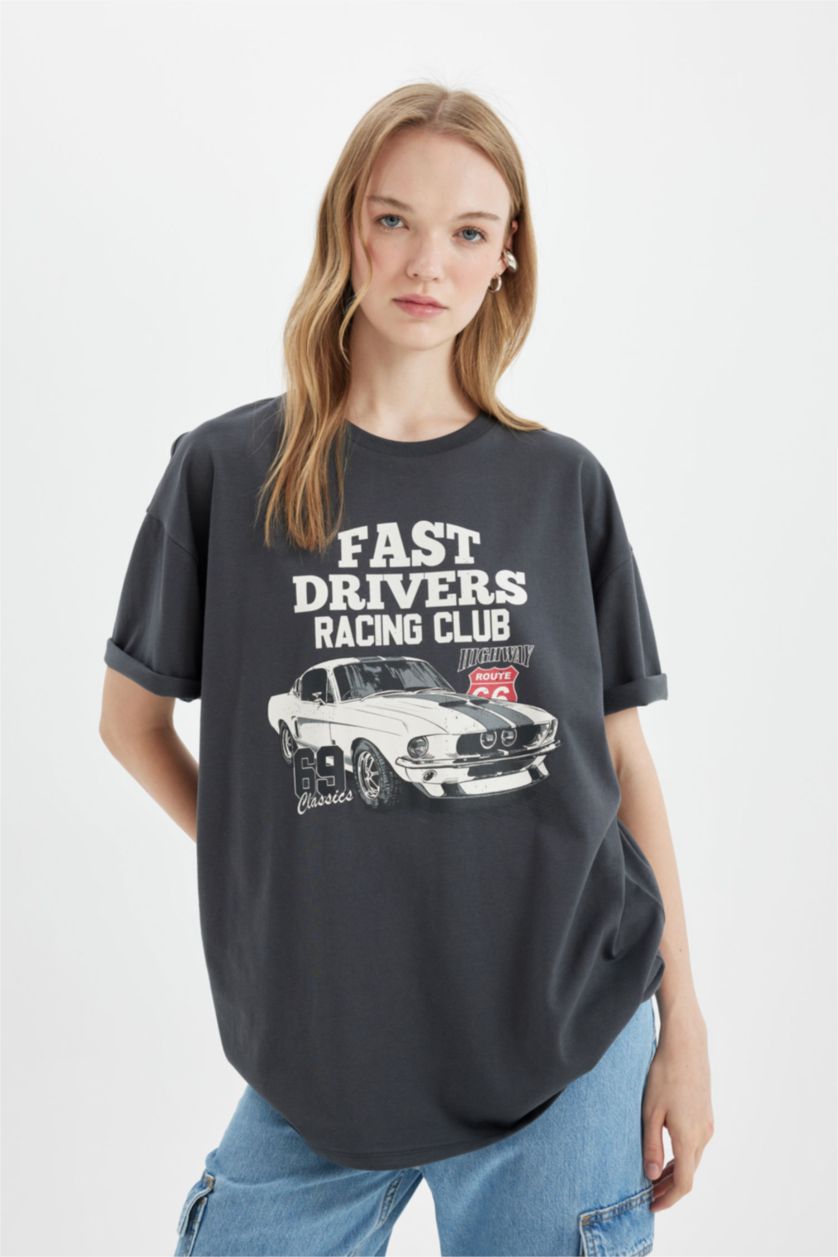 Kadın Antrasit Oversize Geniş Kalıp Bisiklet Yaka Geniş Kalıp Baskılı Kısa Kollu Tişört