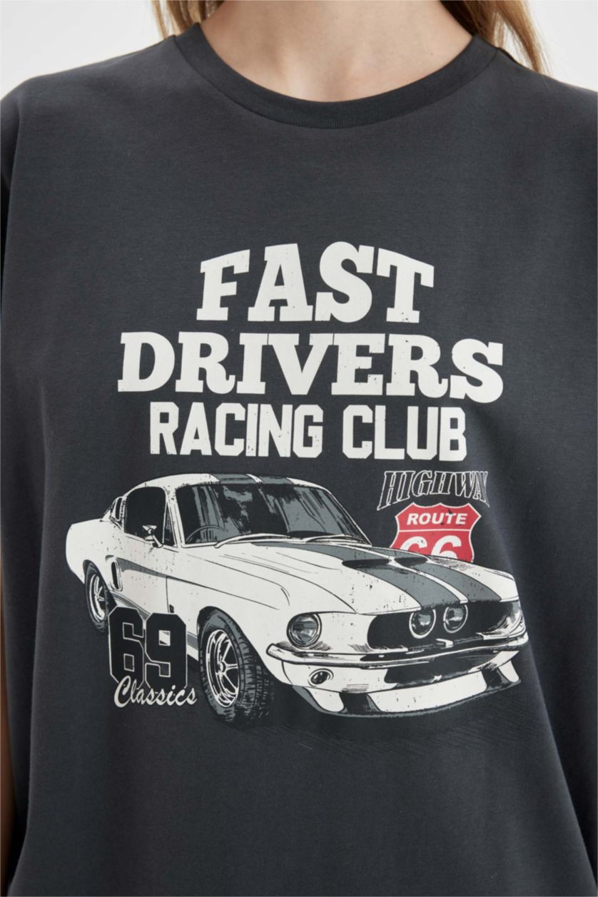 Kadın Antrasit Oversize Geniş Kalıp Bisiklet Yaka Geniş Kalıp Baskılı Kısa Kollu Tişört