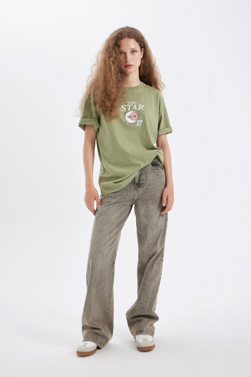 نساء كاكي تي شيرت نص ردن اوفر سايز مطبوع بياخة مستديرة