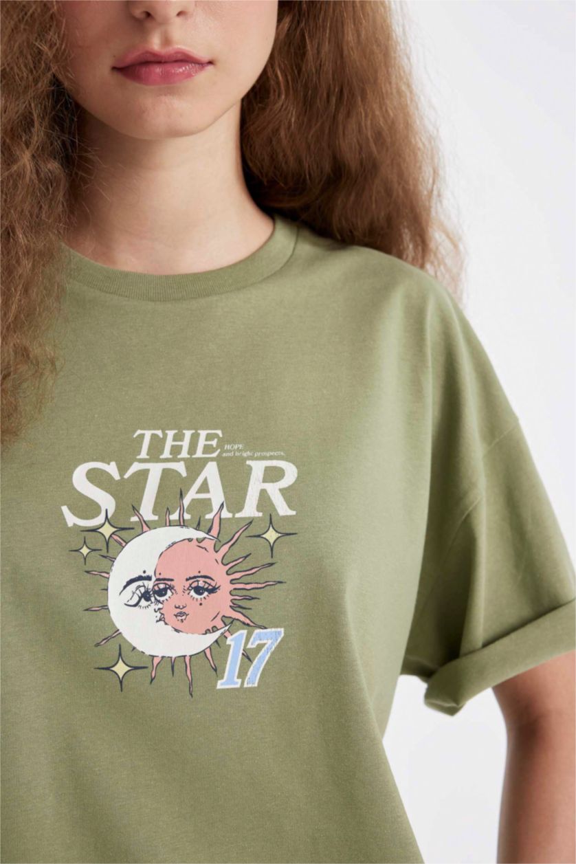 نساء كاكي تي شيرت نص ردن اوفر سايز مطبوع بياخة مستديرة