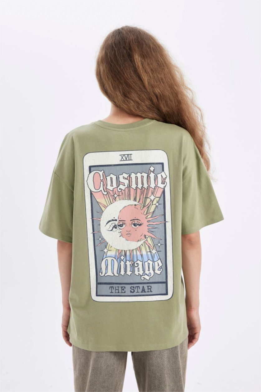 نساء كاكي تي شيرت نص ردن اوفر سايز مطبوع بياخة مستديرة