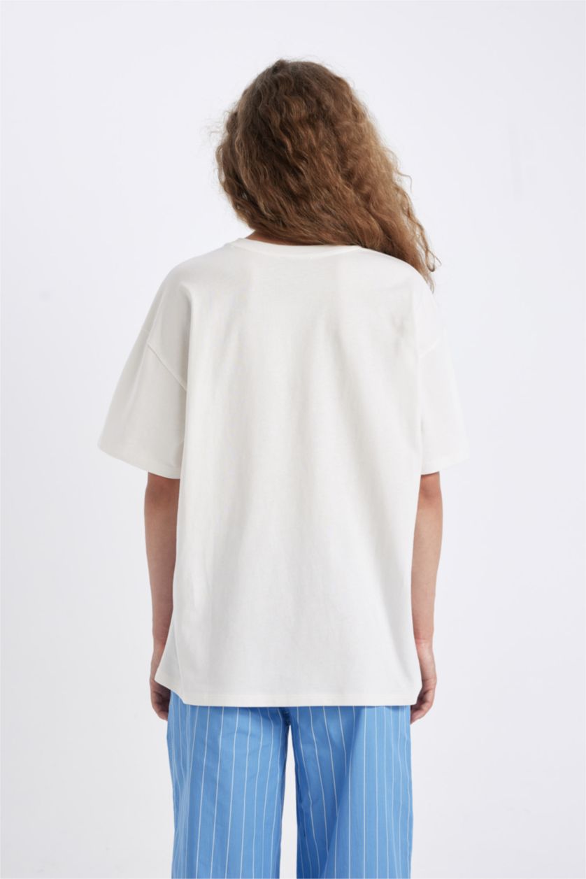 Kadın Kırık Beyaz Oversize Geniş Kalıp Bisiklet Yaka Baskılı Kısa Kollu Tişört