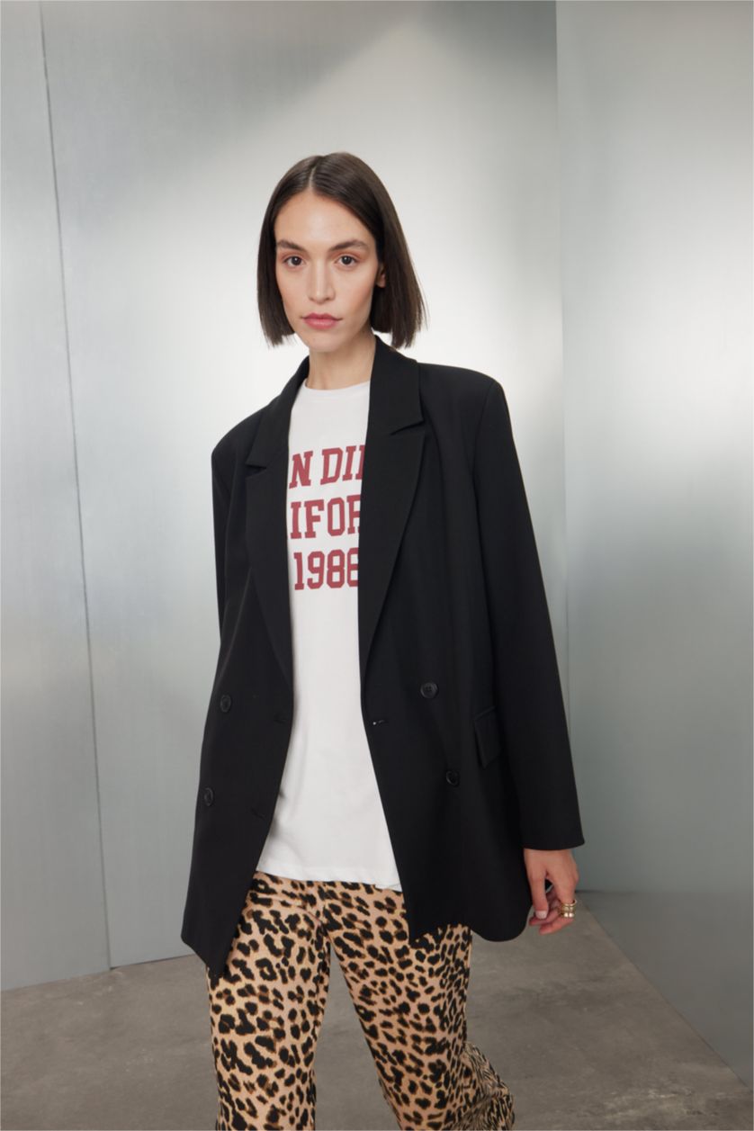 Kadın Kırık Beyaz Oversize Geniş Kalıp Bisiklet Yaka Baskılı Kısa Kollu Tişört