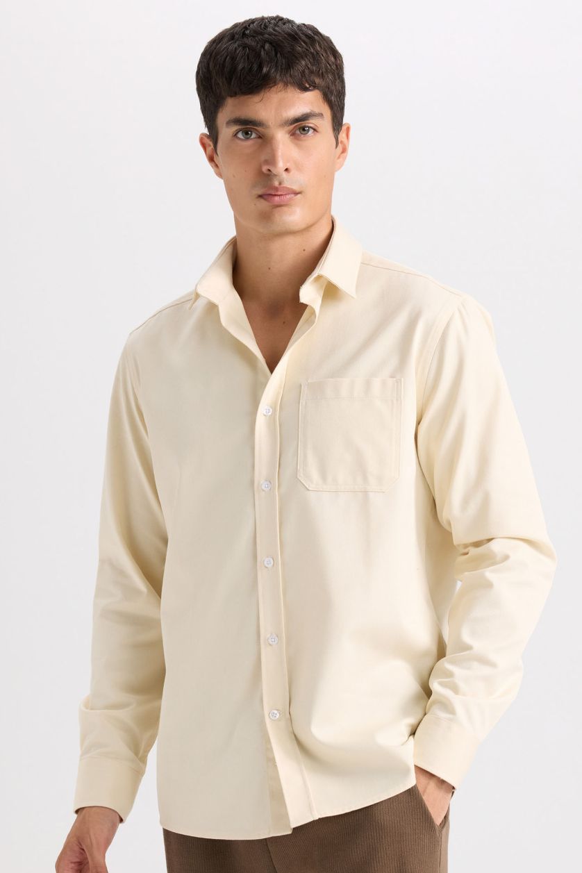 Erkek Bej Regular Fıt Polo Yaka Gabardin Uzun Kollu Gömlek