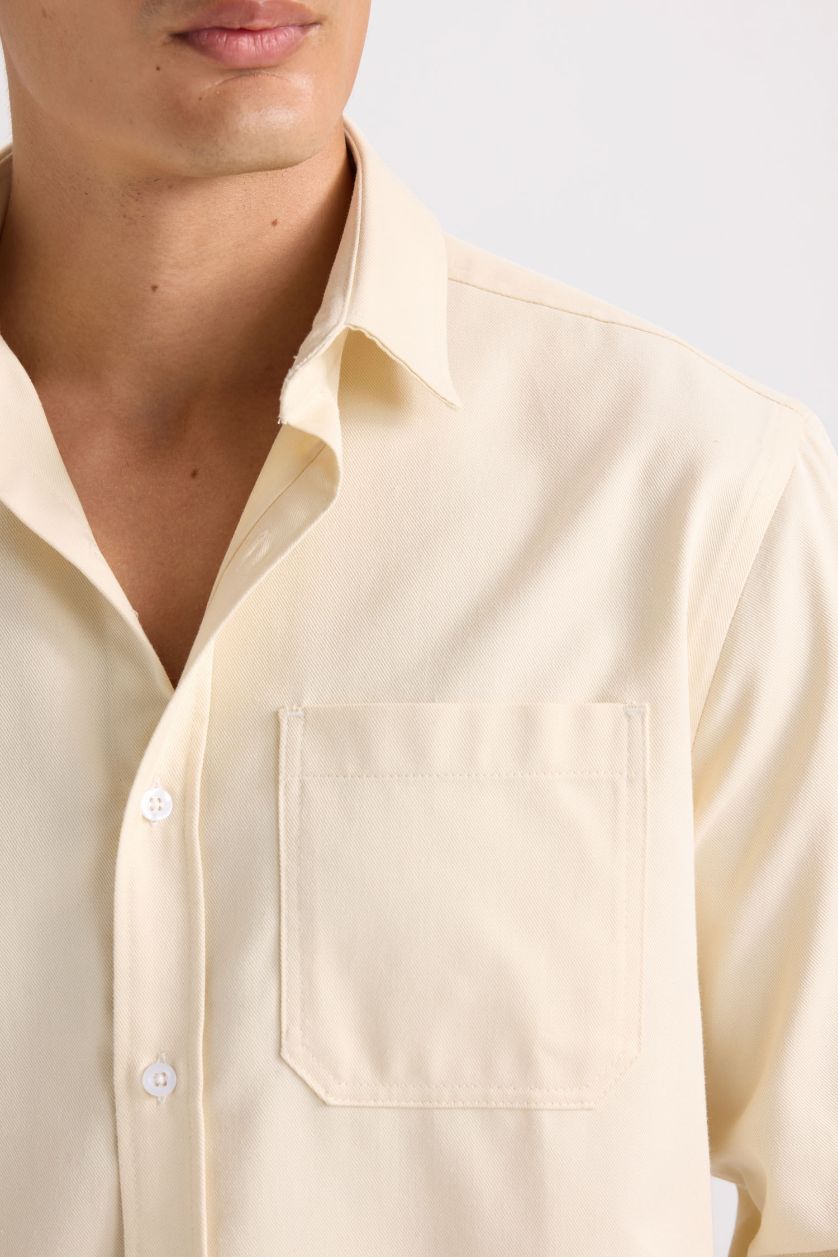 Erkek Bej Regular Fıt Polo Yaka Gabardin Uzun Kollu Gömlek