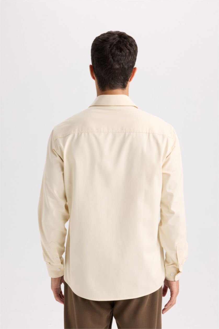 Erkek Bej Regular Fıt Polo Yaka Gabardin Uzun Kollu Gömlek