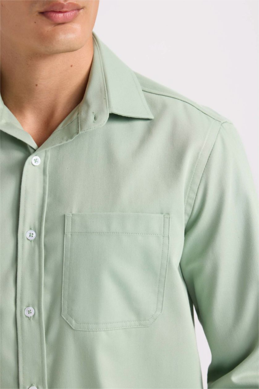 Erkek Açık Haki Regular Fıt Polo Yaka Gabardin Uzun Kollu Gömlek