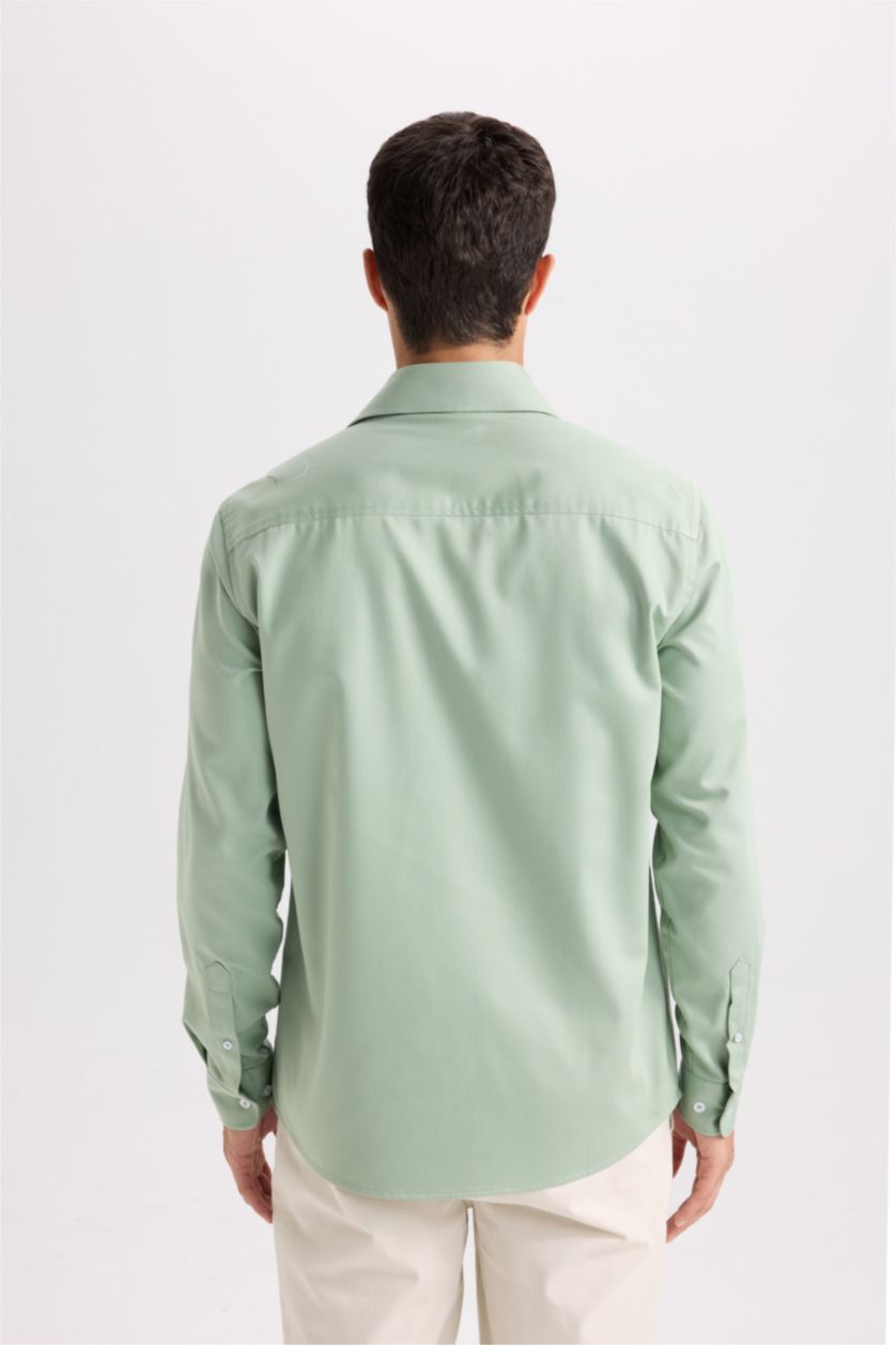 Erkek Açık Haki Regular Fıt Polo Yaka Gabardin Uzun Kollu Gömlek