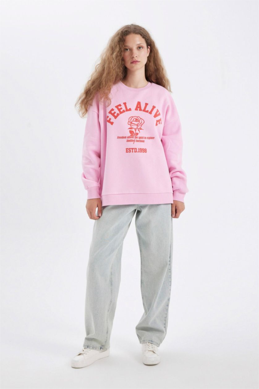 نساء زهري فاتح سويت شيرت واسع قماش سميك