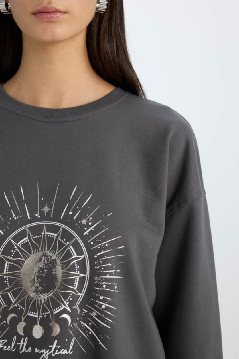 نساء أنثرا غامق سويت شيرت خفيف قصة مريحة برقبة مستديرة