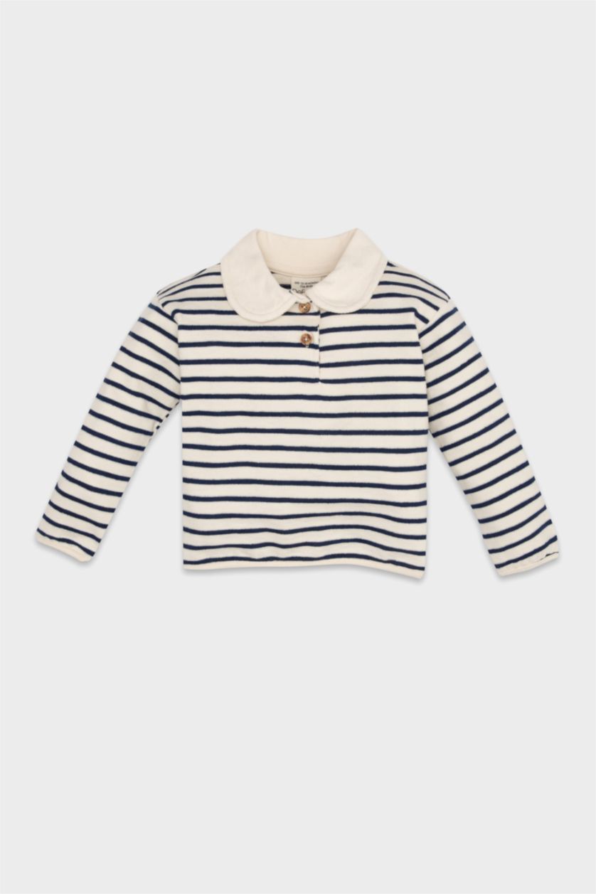 Kız Bebek İndigo Bebe Yaka Düğmeli İçi Yumuşak Tüylü Çizgili Sweatshirt Kız Bebek