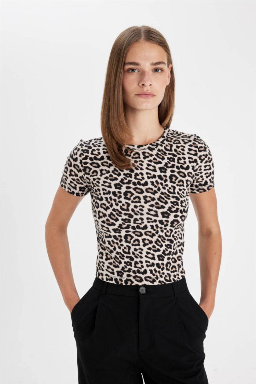 FEMME Noir T-Shirt Slim à Manches Courtes Léopard à Col rond