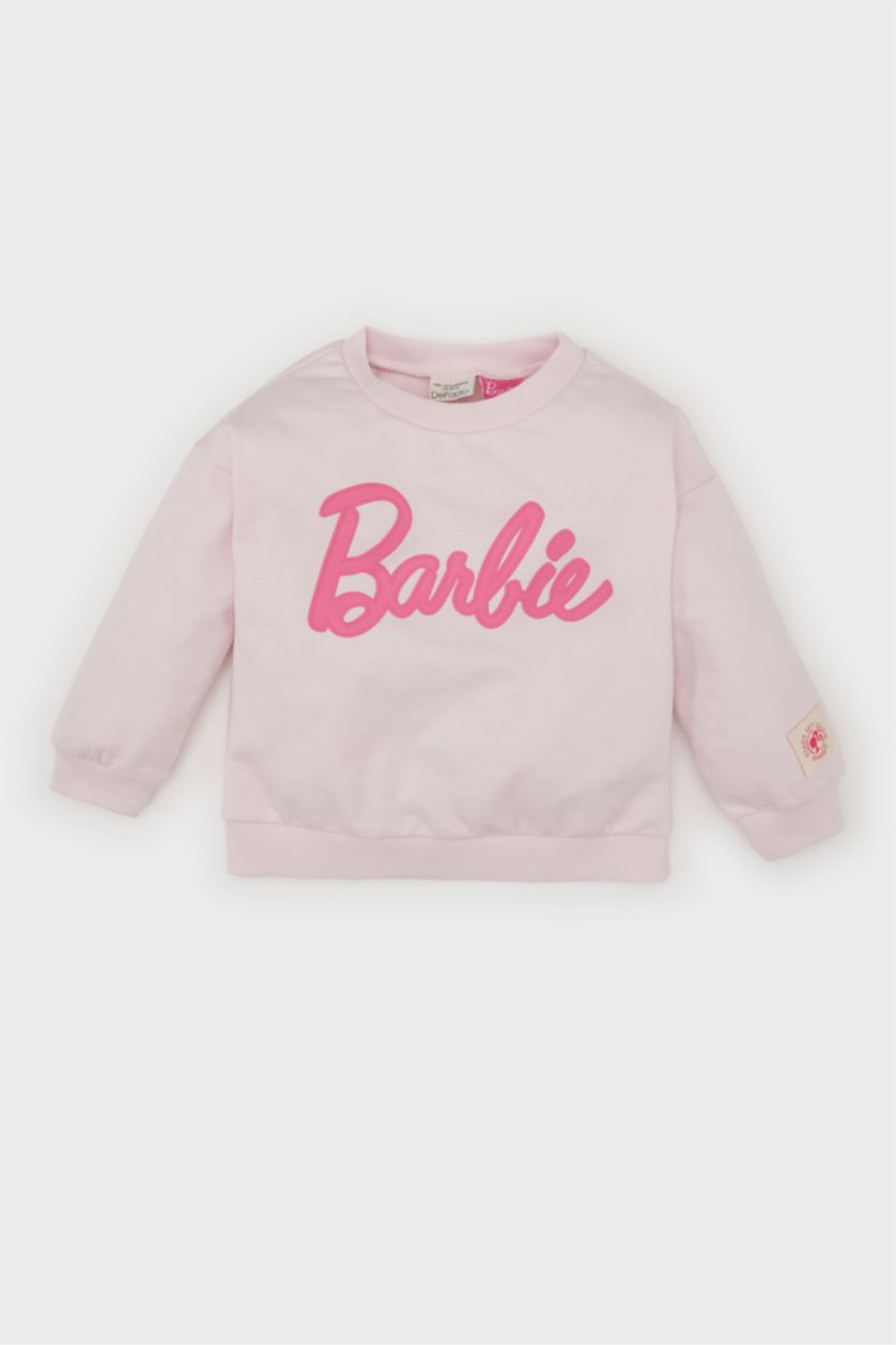 BABY GIRL Light Pink Baby Girl Barbie Crew Neck Sweatshirt with Soft Fuzzy Inside