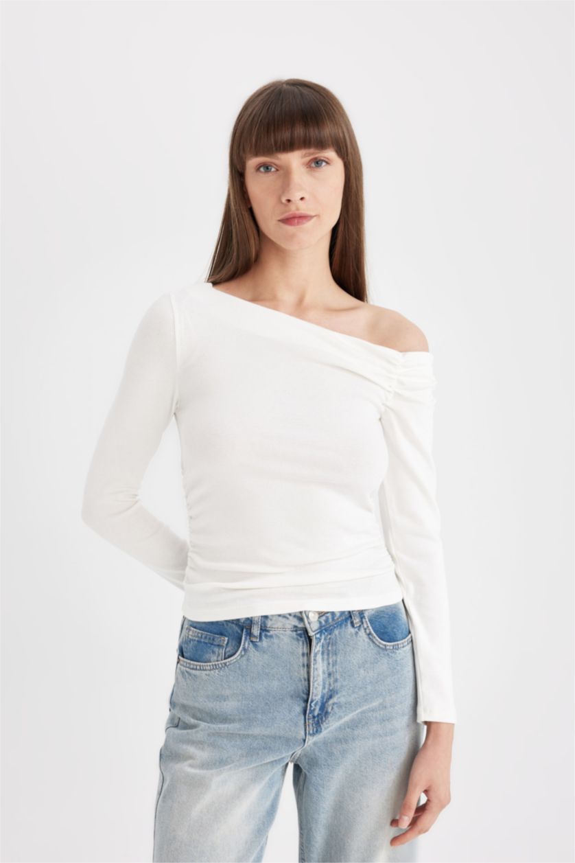 Kadın Ekru Slim Fit Dar Kesim Tek Omuzlu Ribana Basic Düz Uzun Kollu Tişört