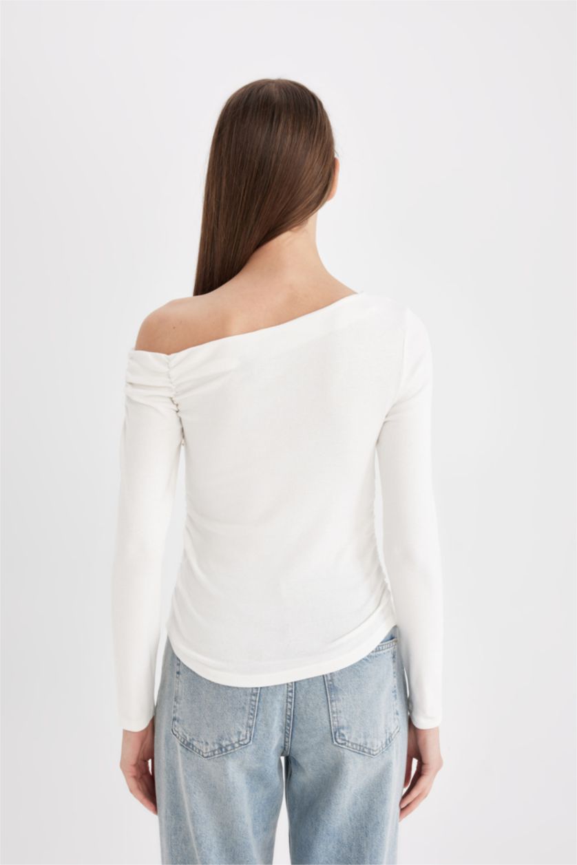 Kadın Ekru Slim Fit Dar Kesim Tek Omuzlu Ribana Basic Düz Uzun Kollu Tişört