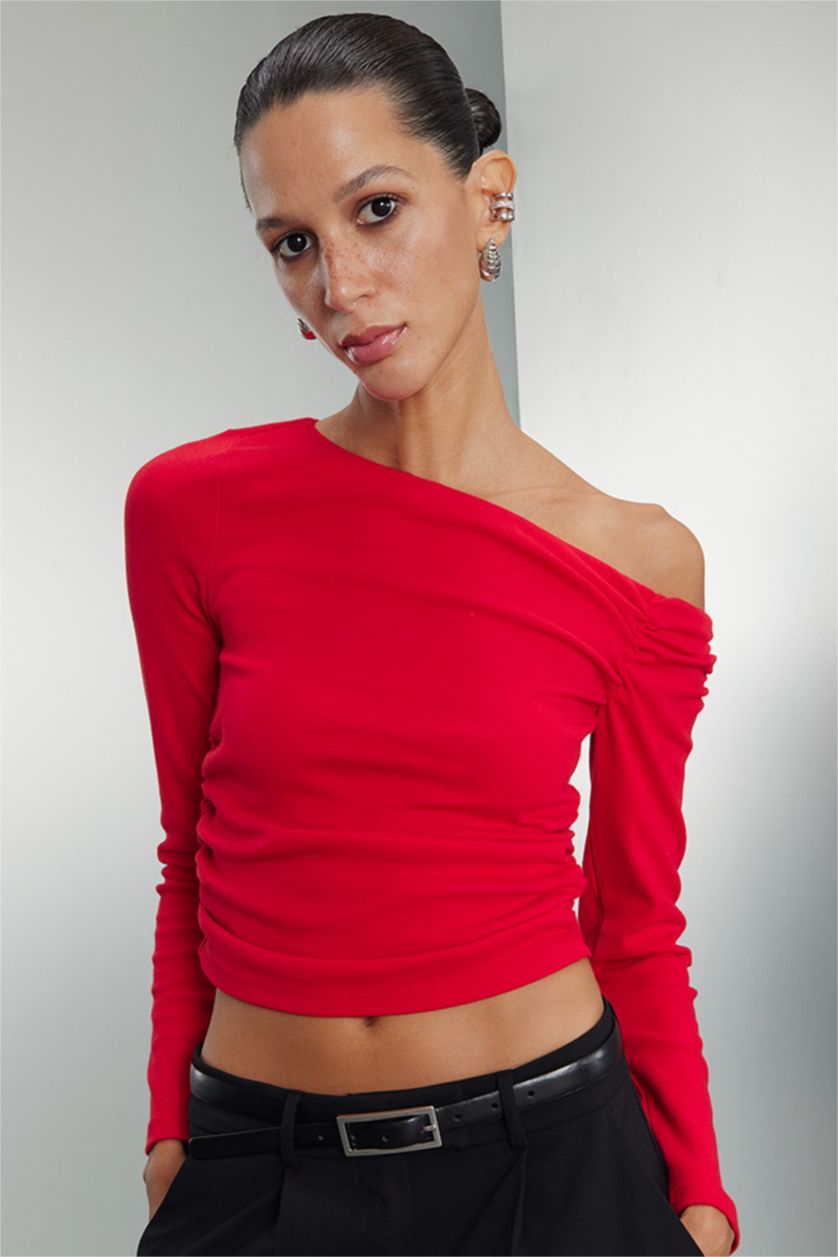WOMAN Red Slim Fit Ribana Long Sleeve T-Shirt