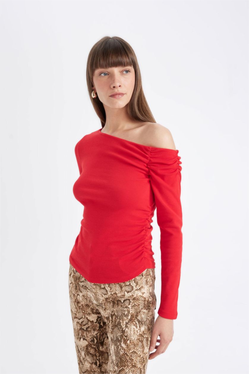 WOMAN Red Slim Fit Ribana Long Sleeve T-Shirt