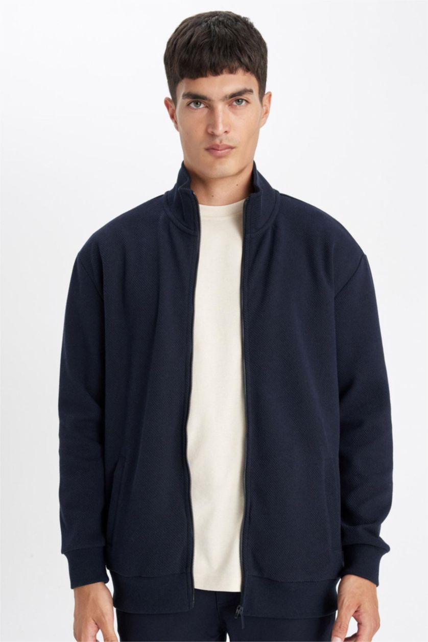 MAN NAVY Comfort Regular Fit Stand Collar Pocketed Basic Zippered Sweatshirt