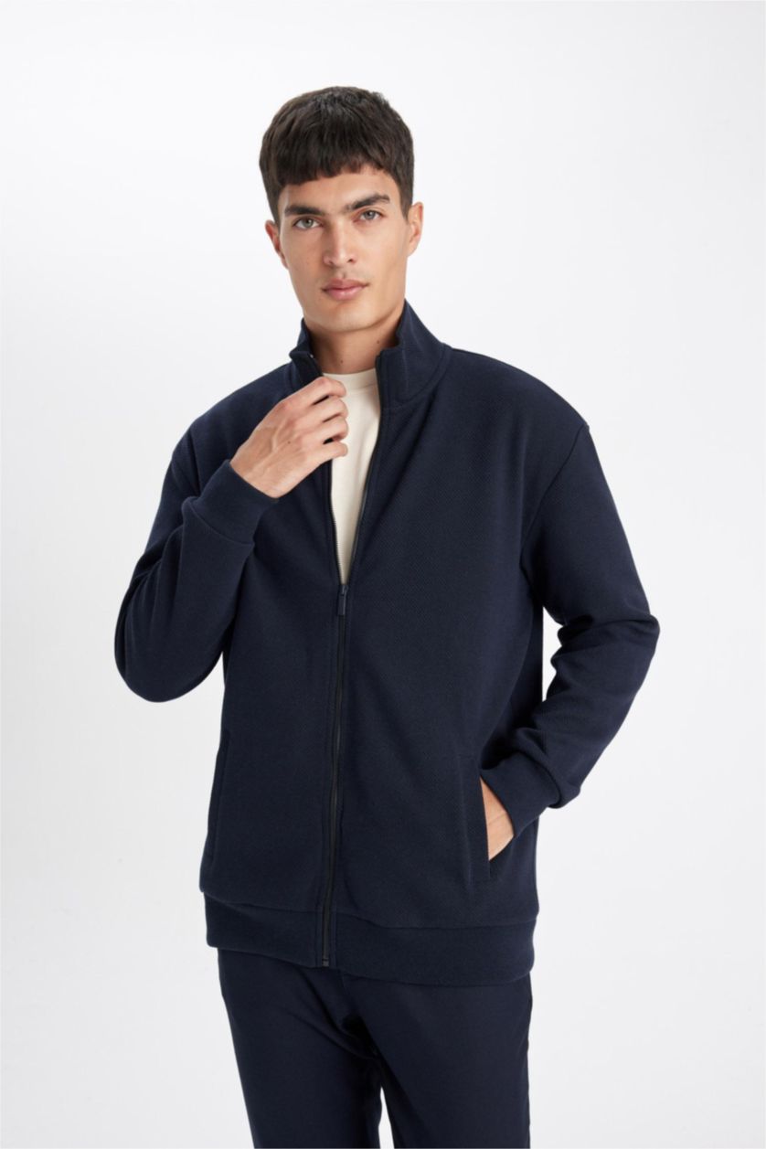 MAN NAVY Comfort Regular Fit Stand Collar Pocketed Basic Zippered Sweatshirt